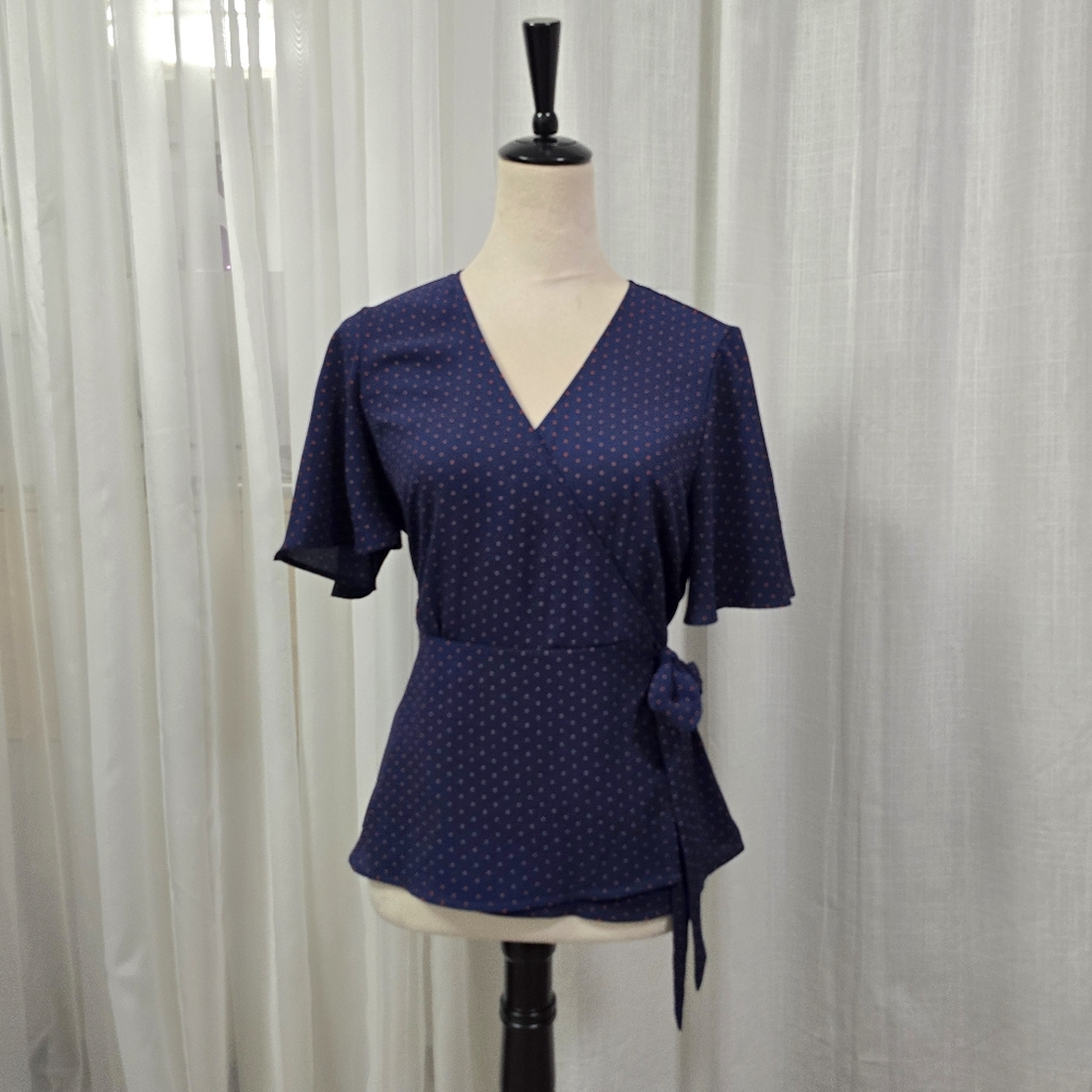 2/$30 Meraki Navy Wrap‎ Top Red Polka Dots Womens Size XL Flutter Sleeves Office
